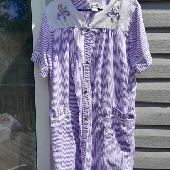 Anthony Richards Womens L  Purple Striped Button Up House Coat Vintage GUC - Picture 1 of 7